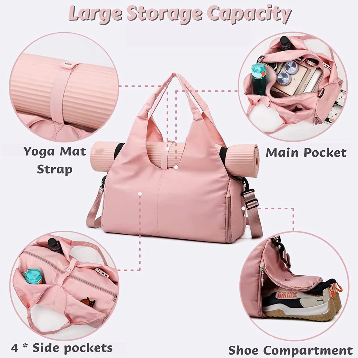 Women's Yoga Gym Bag - Duffel with Yoga Mat Holder, Shoe Compartment, and Wet/Dry Pockets for Travel
