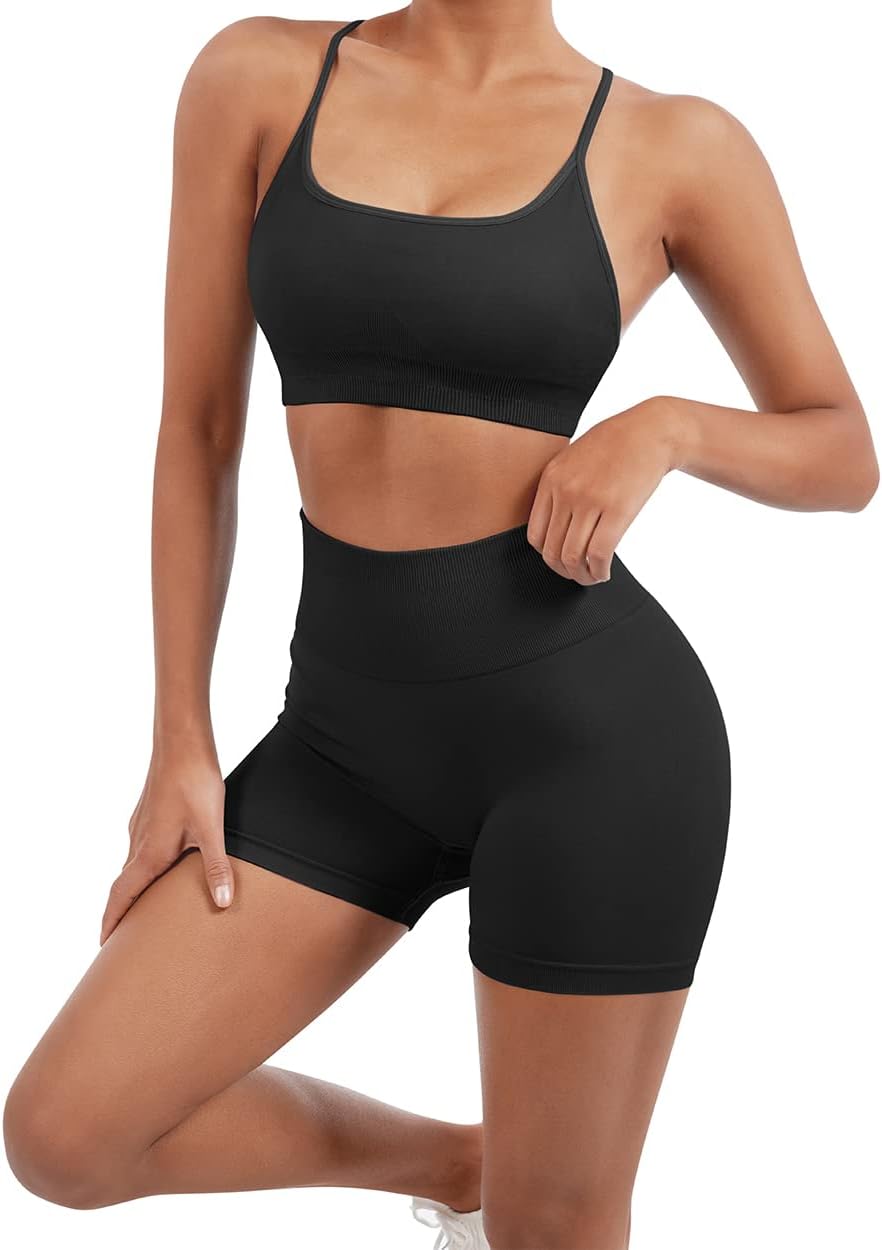 Women's Seamless Workout Set with Strappy Sports Bra and High-Waisted Booty Shorts