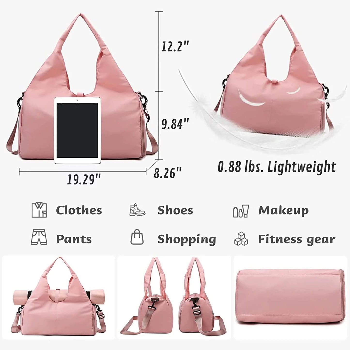 Women's Yoga Gym Bag - Duffel with Yoga Mat Holder, Shoe Compartment, and Wet/Dry Pockets for Travel