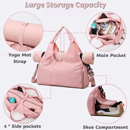 Women's Yoga Gym Bag - Duffel with Yoga Mat Holder, Shoe Compartment, and Wet/Dry Pockets for Travel 