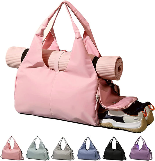 Women's Yoga Gym Bag - Duffel with Yoga Mat Holder, Shoe Compartment, and Wet/Dry Pockets for Travel 
