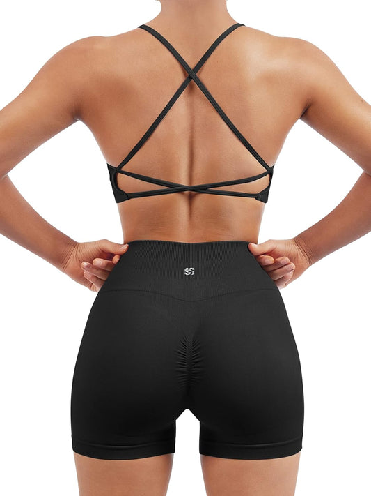 Women's Seamless Workout Set with Strappy Sports Bra and High-Waisted Booty Shorts