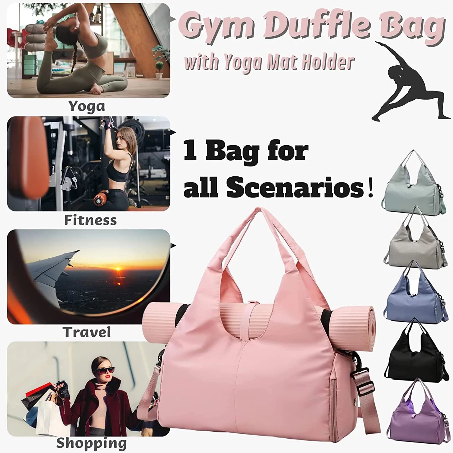 Women's Yoga Gym Bag - Duffel with Yoga Mat Holder, Shoe Compartment, and Wet/Dry Pockets for Travel 